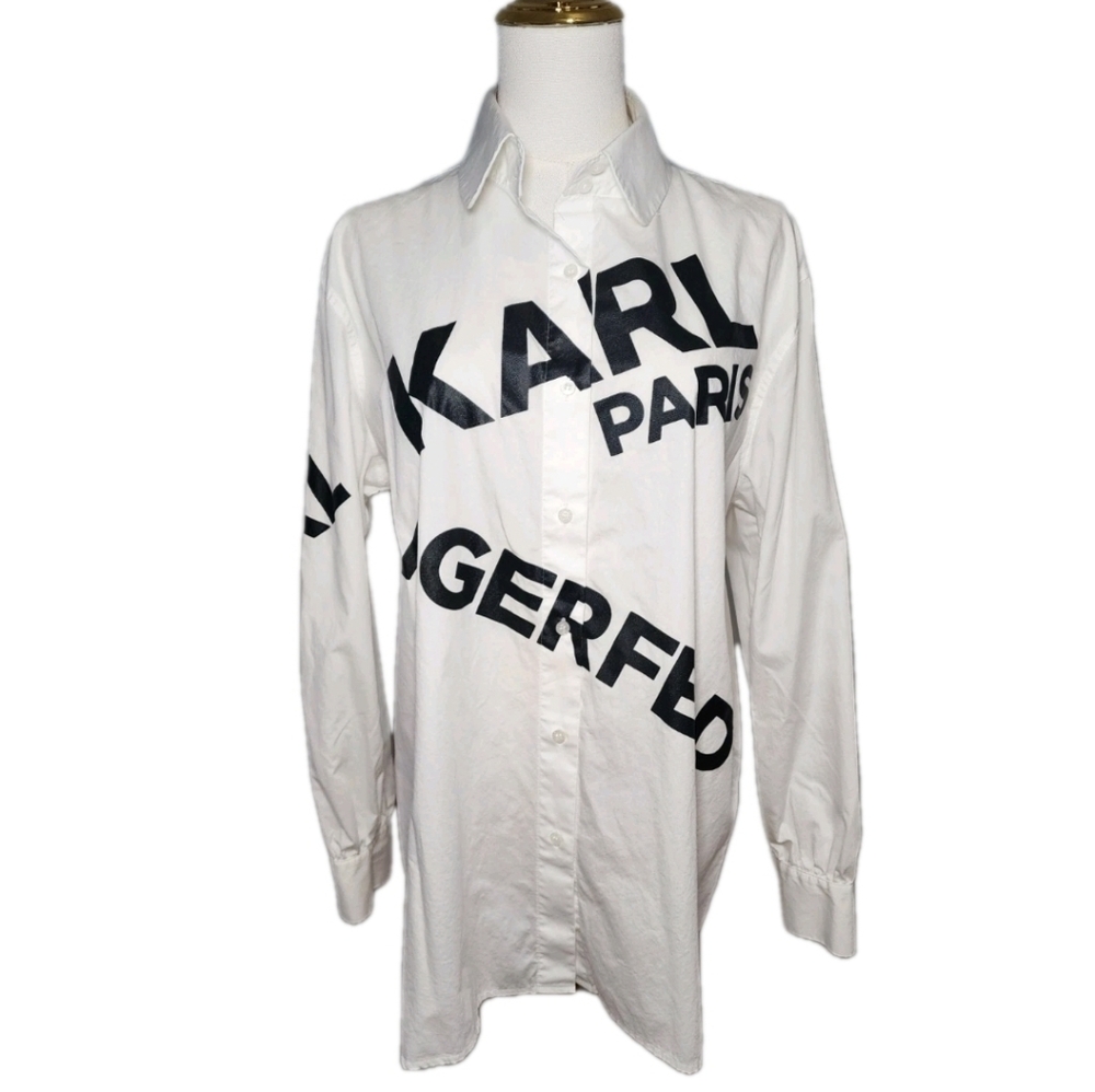 Karl Lagerfeld Logo Shirt Oversized Long White Cotton Tunic Botton Down Size M